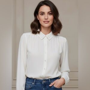 Vintage Susan Hutton cream long sleeved sheer button down blouse, elegant, 8